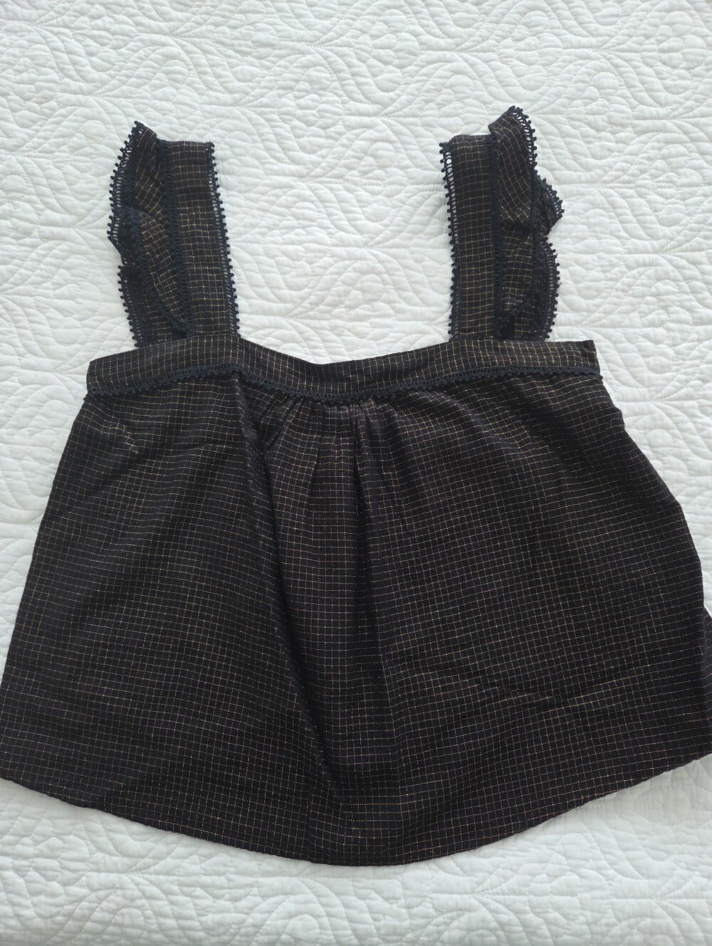 Sezane Sleeveless Checkered Square-Neck Tank Top in Black And Gold